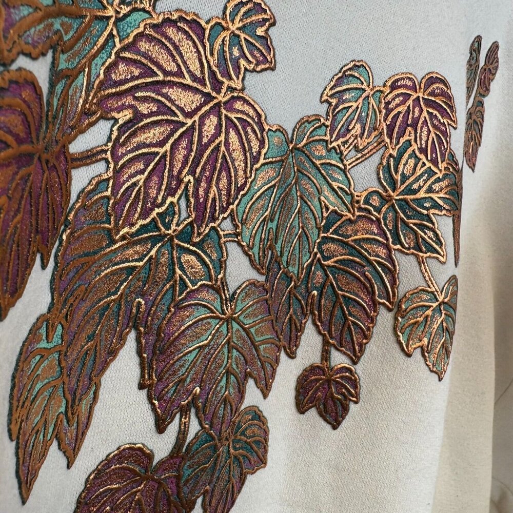 Vintage 90s Leaves Crewneck Sweatshirt Womens Size L Metallic Nature Made In USA - Picture 3 of 6
